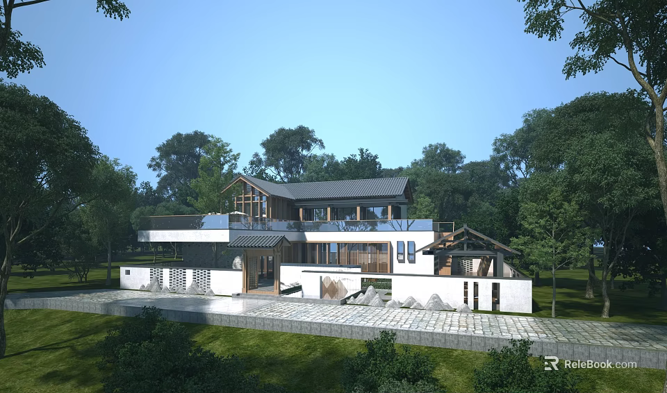 Modern Rustic Boutique Guesthouse Building With White Walls Wooden Roof And Lush Tree Surroundings 3d model 
