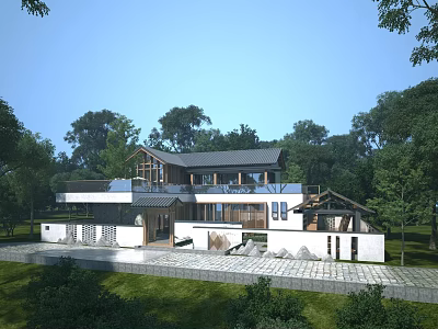 Modern Rustic Boutique Guesthouse Building With White Walls Wooden Roof And Lush Tree Surroundings 3d model
