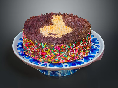 Chocolate Cake With Golden Cream Topping And Colorful Sprinkles On Blue And White Plate 3d model