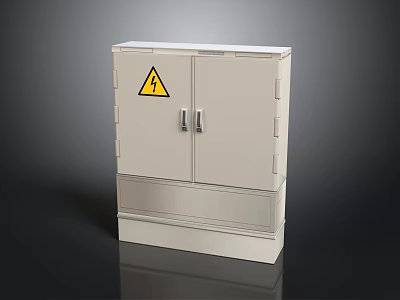 White Metal Double Door Cabinet With Yellow Warning Sign And Base 3d model