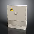 White Metal Double Door Cabinet With Yellow Warning Sign And Base