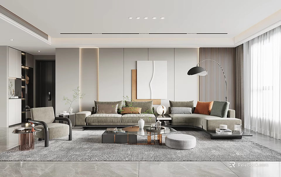 Modern Living Room Interior Design With Comfortable Sofa Coffee Table And Decorative Elements 3d model