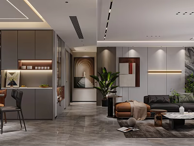 Modern Living And Dining Room Interior With Gray Cabinets Sofa Green Plants And Decorative Painting 3d model