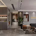 Modern Living And Dining Room Interior With Gray Cabinets Sofa Green Plants And Decorative Painting