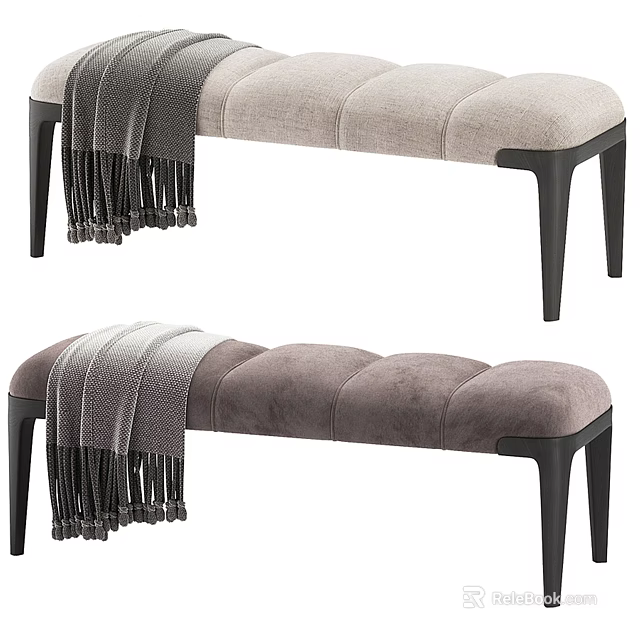Tufted Upholstered Bench with Light and Dark Gray Fabric Black Legs and Gray Throw Blanket 3d model 