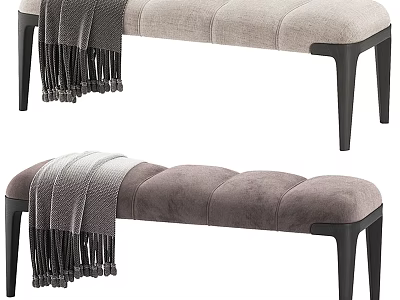 Tufted Upholstered Bench with Light and Dark Gray Fabric Black Legs and Gray Throw Blanket 3d model