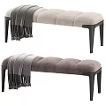 Tufted Upholstered Bench with Light and Dark Gray Fabric Black Legs and Gray Throw Blanket