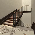 Elegant Wooden Staircase With Metal Railings And Lit Steps In Classic Interior Design
