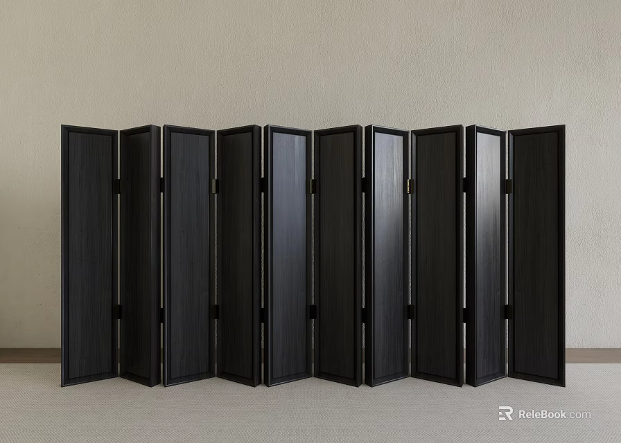 Black Folding Screen With Multiple Panels Against Light Colored Wall And Light Floor 3d model