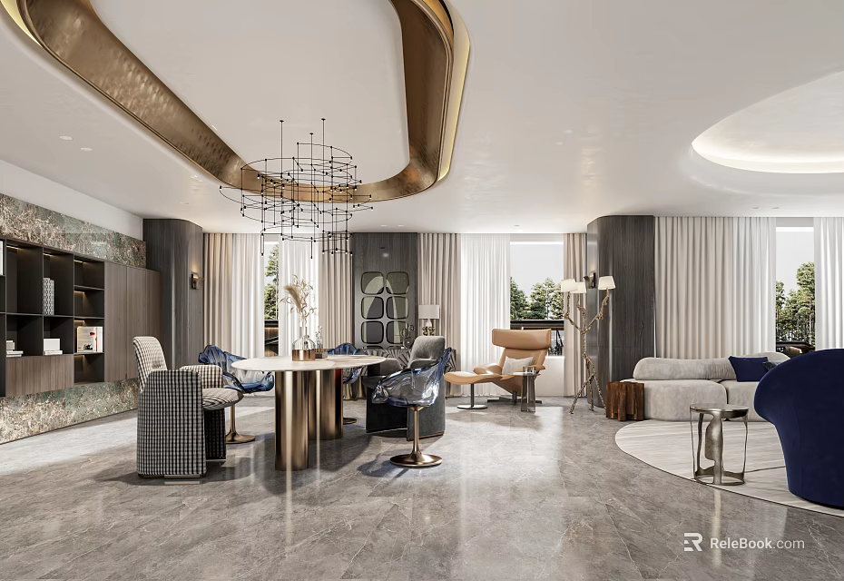 Elegant Modern Restaurant Interior Design With Dining Table Chandelier And Marble Sofa 3d model 