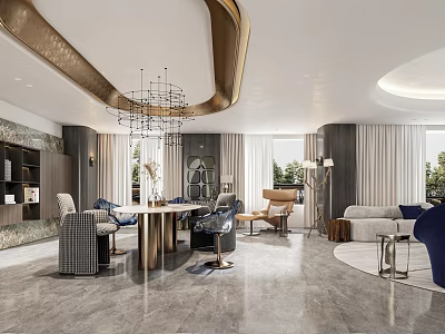 Elegant Modern Restaurant Interior Design With Dining Table Chandelier And Marble Sofa 3d model
