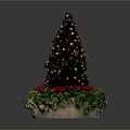 Decorated Christmas Tree With Colorful Ornaments Red Poinsettias And Green Foliage In Planter