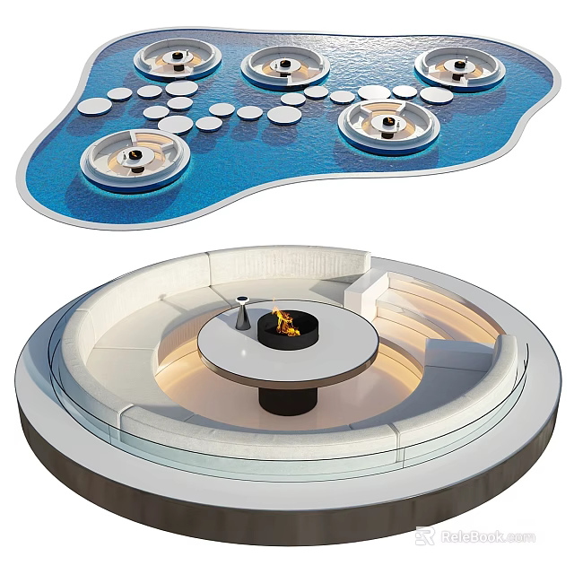 Outdoor Garden Decor With Circular Seating Fire Pit Table And Water Features 3d model