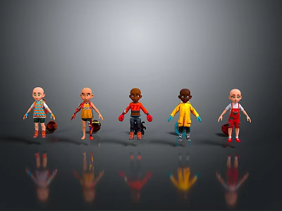 Five Cartoon Men in Different Colored Clothes Standing on Grey Background with Reflections 3d model