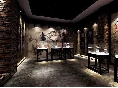 Cultural Center Interior With Stone Brick Walls Display Cabinets And Exhibits 3d model