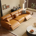 Elegant Living Room With Brown Leather Sofa Metal Archway Window Blinds Round Marble Coffee Table