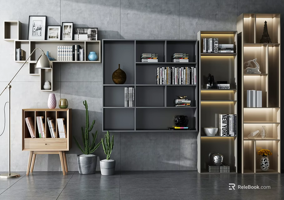 Modern Home Bookcase With Books Decorative Items Plants Frames And Built In Lighting 3d model