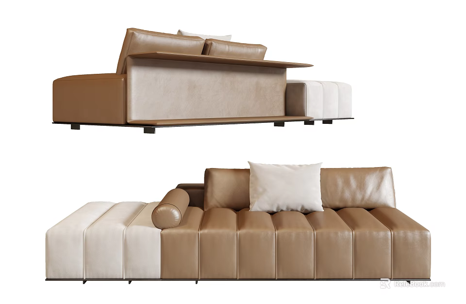 Elegant Modern Leather Chaise Lounge With Brown Beige Cushions And Sleek Sectional Design 3d model 