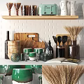 Stylish Kitchen Utensils Display On Wooden Shelf With Cutting Board Green Mugs Glassware And Jars