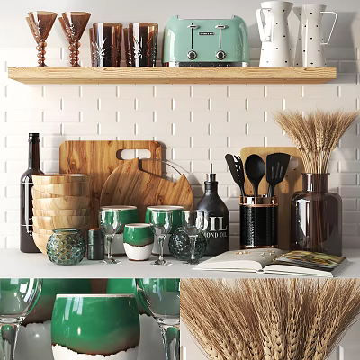 Stylish Kitchen Utensils Display On Wooden Shelf With Cutting Board Green Mugs Glassware And Jars 3d model