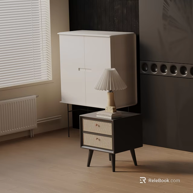 Modern Black Bedside Table With Woven Drawers And Wooden Table Lamp Near White Cabinet 3d model 