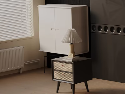 Modern Black Bedside Table With Woven Drawers And Wooden Table Lamp Near White Cabinet 3d model