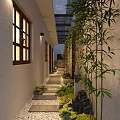 Serene Elevator Corridor With Lush Bamboo Stone Path Pebbles Wooden Windows And Wall Lights