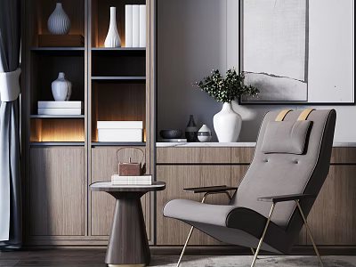 Modern Gray Lounge Chair With Small Round Table Books Green Plant And Wooden Cabinet 3d model