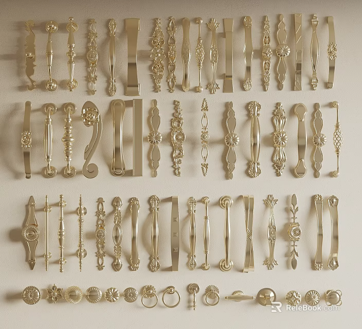 Various Decorative Cabinet Handles Featuring Ornate And Simple Design Patterns 3d model