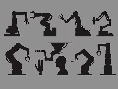 Various Robotic Arm Silhouettes With Industrial Robot Designs And Mechanical Poses 3d model