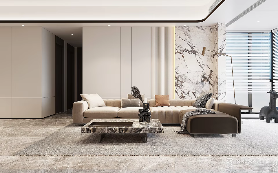 Elegant Modern Living Dining Room Interior With Beige Sofa And Marble Wall 3d model