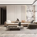 Elegant Modern Living Dining Room Interior With Beige Sofa And Marble Wall 3d model