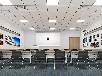 School Classroom With Projection Screen Apple Logo Desks Chairs Wall Posters Blue Carpet Ceiling Lights 3d model