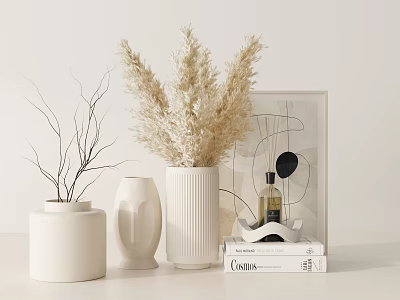 Ornamental Decor Set with White Vases Dried Flowers Twigs Framed Art and Books 3d model
