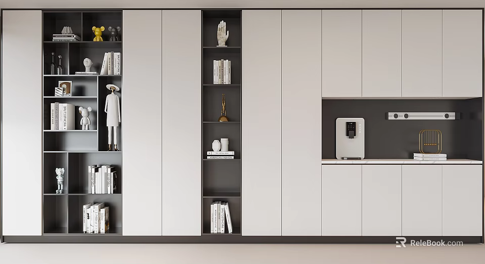 Modern White And Gray Bookcase Design With Open And Closed Compartments And Decorative Items 3d model