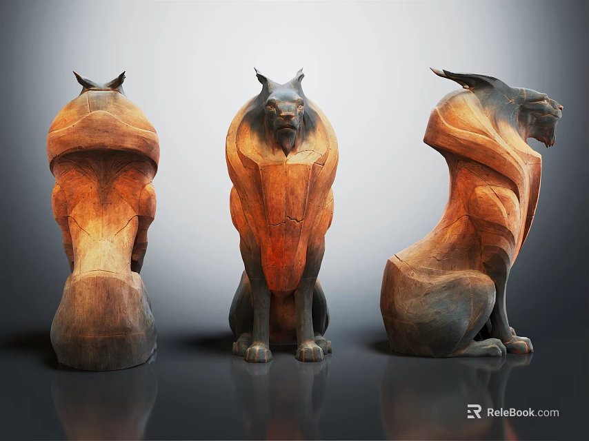 Wooden Animal Sculpture Carving Three Sitting Figures With Intricate Textured Details 3d model 