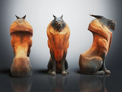 Wooden Animal Sculpture Carving Three Sitting Figures With Intricate Textured Details 3d model