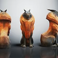 Wooden Animal Sculpture Carving Three Sitting Figures With Intricate Textured Details
