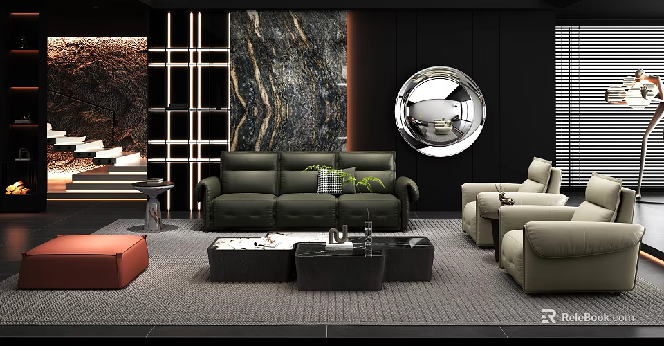 Dark Green Leather Sofa And Black Coffee Table Set With Round Mirror And Accent Chairs 3d model 