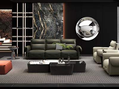 Dark Green Leather Sofa And Black Coffee Table Set With Round Mirror And Accent Chairs 3d model