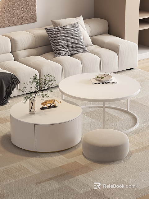 White Round Coffee Table in Living Room with Light Sofa Decorative Plant and Stool 3d model 