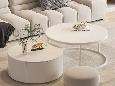 White Round Coffee Table in Living Room with Light Sofa Decorative Plant and Stool 3d model