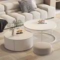 White Round Coffee Table in Living Room with Light Sofa Decorative Plant and Stool