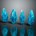 Four Blue Cracked Pattern Geometric Sculptures with Reflections on Black Surface 3d model