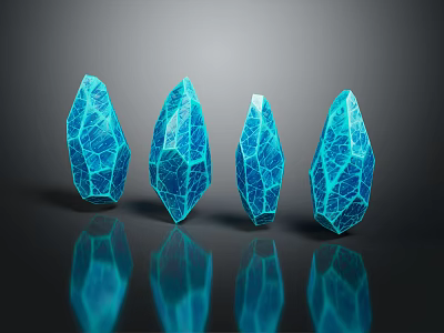 Four Blue Cracked Pattern Geometric Sculptures with Reflections on Black Surface 3d model