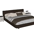 Modern Minimalist Double Bed With Dark Leather Headboard Beige Brown Bedding And Side Nightstands