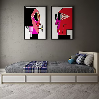 Modern Single Bed with Blue White Plaid Blanket Storage Drawers and Abstract Wall Art 3d model