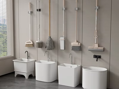 Modern Utility Room With White Mop Sinks And Wall Mounted Cleaning Tools 3d model