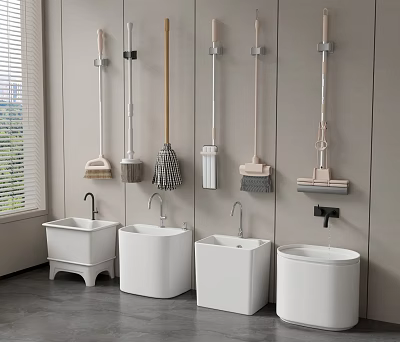 Modern Utility Room With White Mop Sinks And Wall Mounted Cleaning Tools 3d model