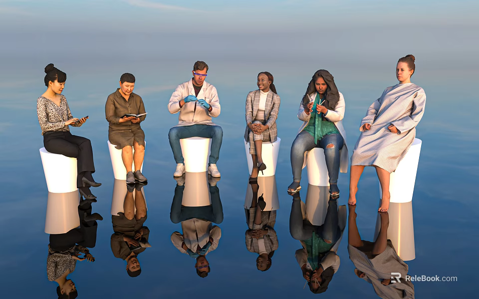 Diverse People Seated On White Stools Using Devices With Open Sky And Water Reflections 3d model 